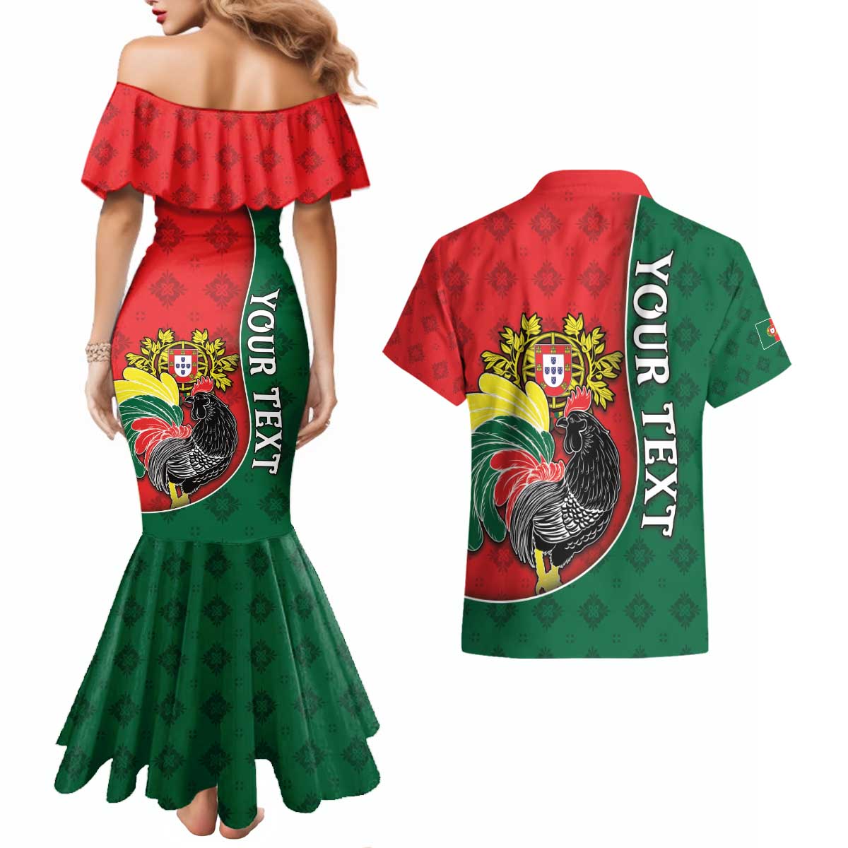 Personalized Portugal Couples Matching Mermaid Dress and Hawaiian Shirt Rooster With Coat Of Arms - Wonder Print Shop