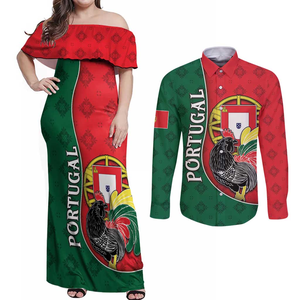 Personalized Portugal Couples Matching Off Shoulder Maxi Dress and Long Sleeve Button Shirt Rooster With Coat Of Arms - Wonder Print Shop