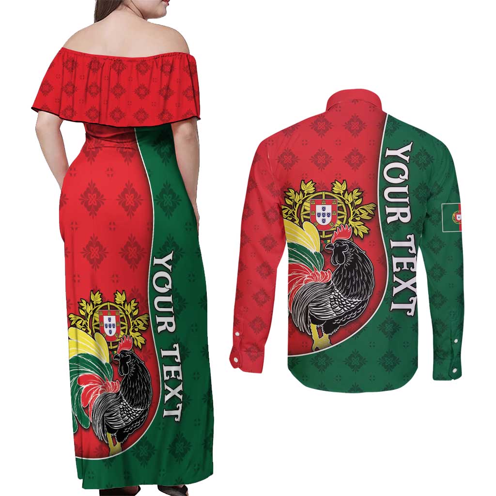 Personalized Portugal Couples Matching Off Shoulder Maxi Dress and Long Sleeve Button Shirt Rooster With Coat Of Arms - Wonder Print Shop