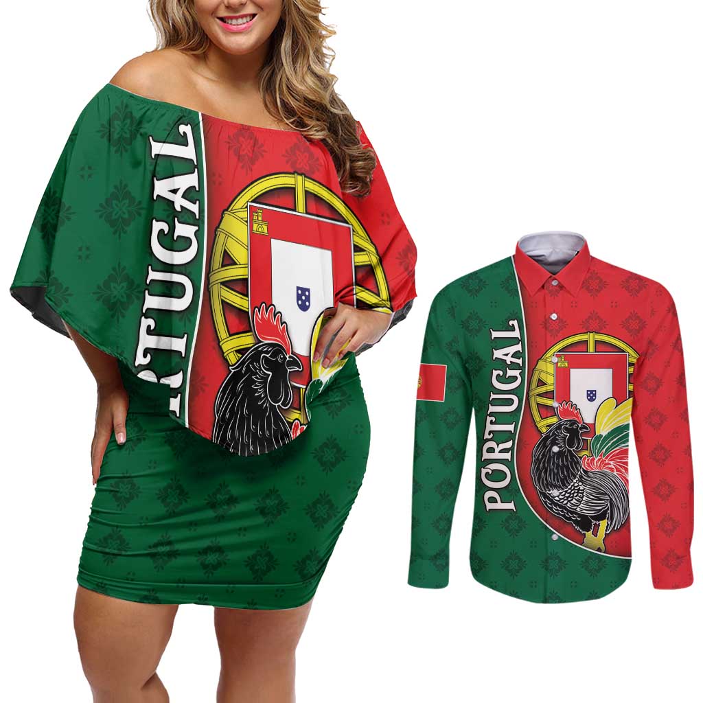 Personalized Portugal Couples Matching Off Shoulder Short Dress and Long Sleeve Button Shirt Rooster With Coat Of Arms - Wonder Print Shop