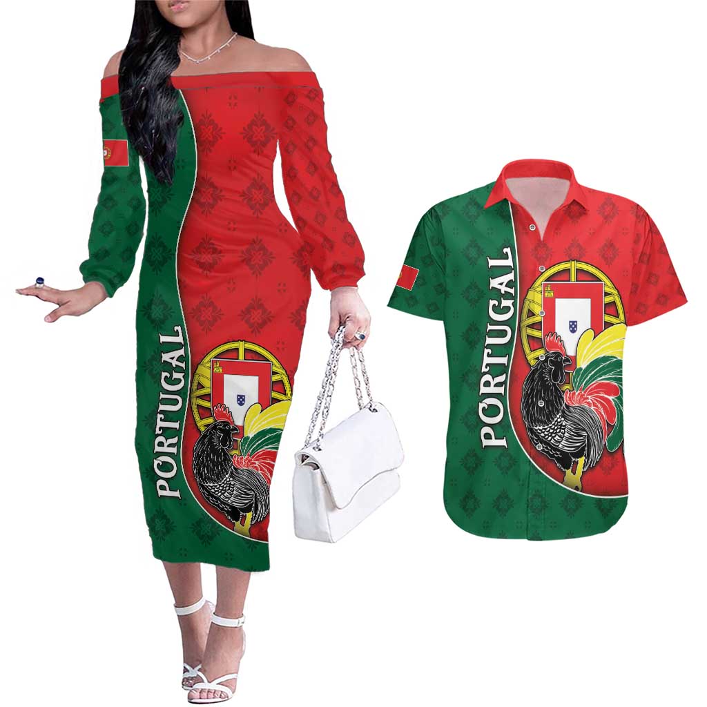 Personalized Portugal Couples Matching Off The Shoulder Long Sleeve Dress and Hawaiian Shirt Rooster With Coat Of Arms - Wonder Print Shop