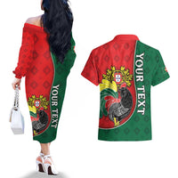 Personalized Portugal Couples Matching Off The Shoulder Long Sleeve Dress and Hawaiian Shirt Rooster With Coat Of Arms - Wonder Print Shop