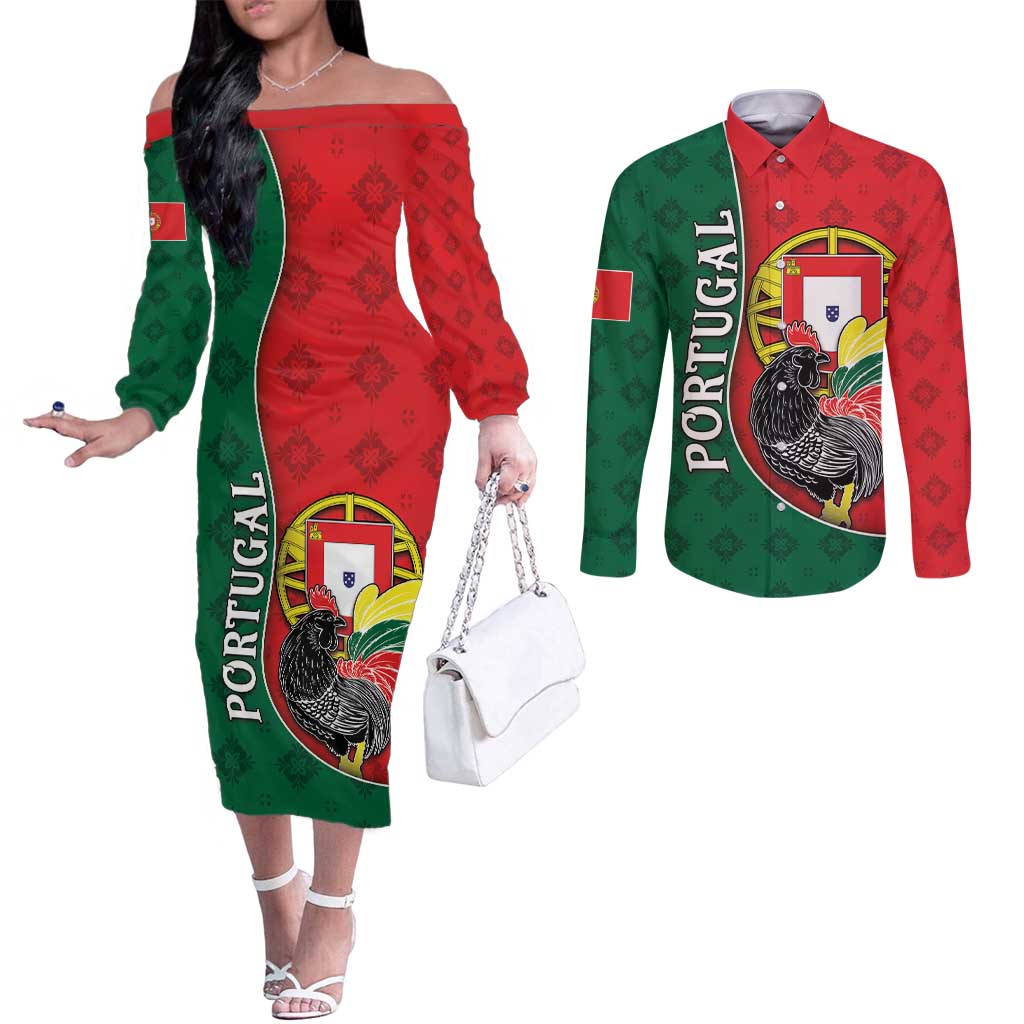 Personalized Portugal Couples Matching Off The Shoulder Long Sleeve Dress and Long Sleeve Button Shirt Rooster With Coat Of Arms - Wonder Print Shop