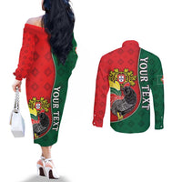 Personalized Portugal Couples Matching Off The Shoulder Long Sleeve Dress and Long Sleeve Button Shirt Rooster With Coat Of Arms - Wonder Print Shop