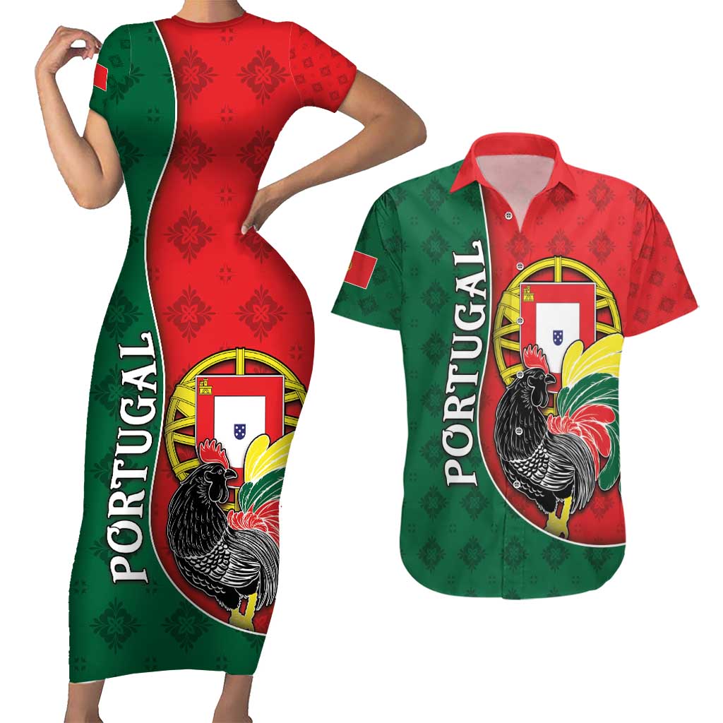 Personalized Portugal Couples Matching Short Sleeve Bodycon Dress and Hawaiian Shirt Rooster With Coat Of Arms - Wonder Print Shop