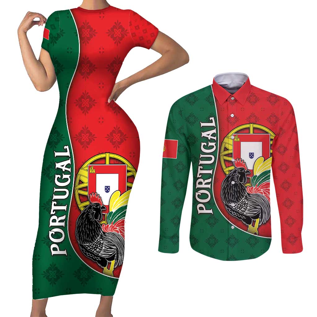 Personalized Portugal Couples Matching Short Sleeve Bodycon Dress and Long Sleeve Button Shirt Rooster With Coat Of Arms - Wonder Print Shop