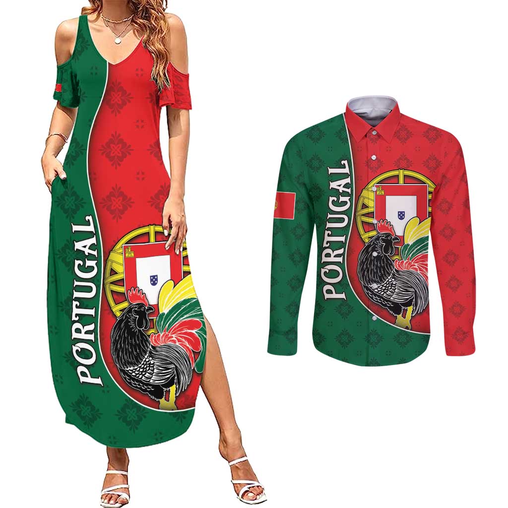 Personalized Portugal Couples Matching Summer Maxi Dress and Long Sleeve Button Shirt Rooster With Coat Of Arms - Wonder Print Shop