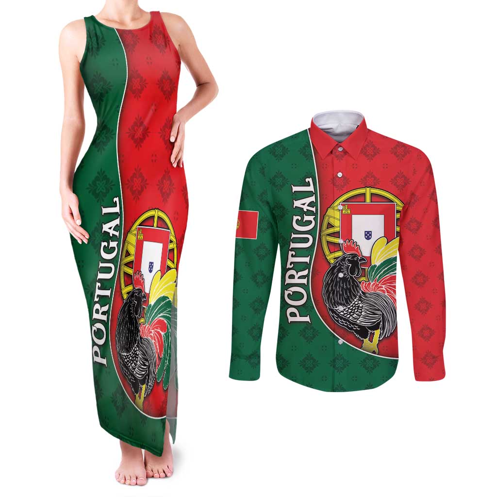 Personalized Portugal Couples Matching Tank Maxi Dress and Long Sleeve Button Shirt Rooster With Coat Of Arms - Wonder Print Shop