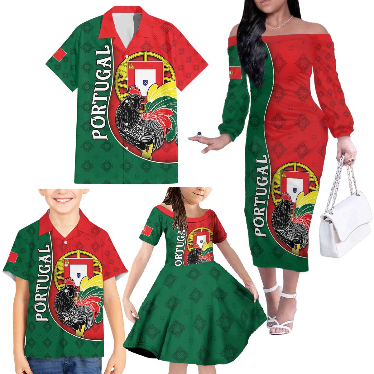 Personalized Portugal Family Matching Off The Shoulder Long Sleeve Dress and Hawaiian Shirt Rooster With Coat Of Arms - Wonder Print Shop