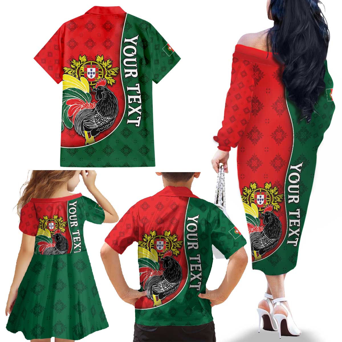 Personalized Portugal Family Matching Off The Shoulder Long Sleeve Dress and Hawaiian Shirt Rooster With Coat Of Arms - Wonder Print Shop