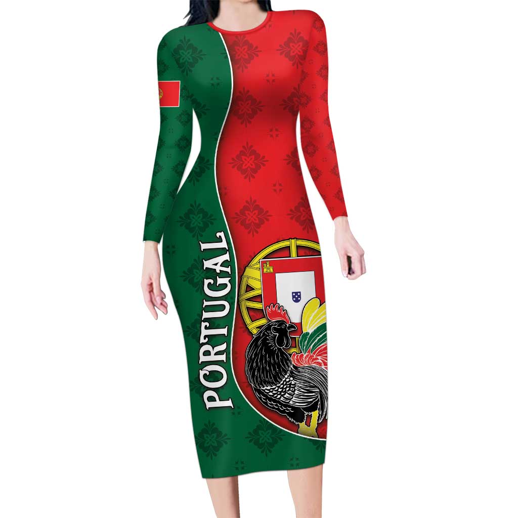 Personalized Portugal Long Sleeve Bodycon Dress Rooster With Coat Of Arms - Wonder Print Shop