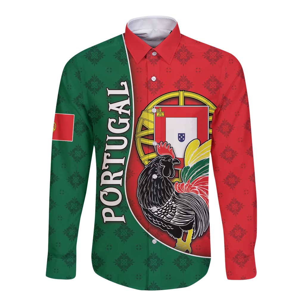 Personalized Portugal Long Sleeve Button Shirt Rooster With Coat Of Arms - Wonder Print Shop