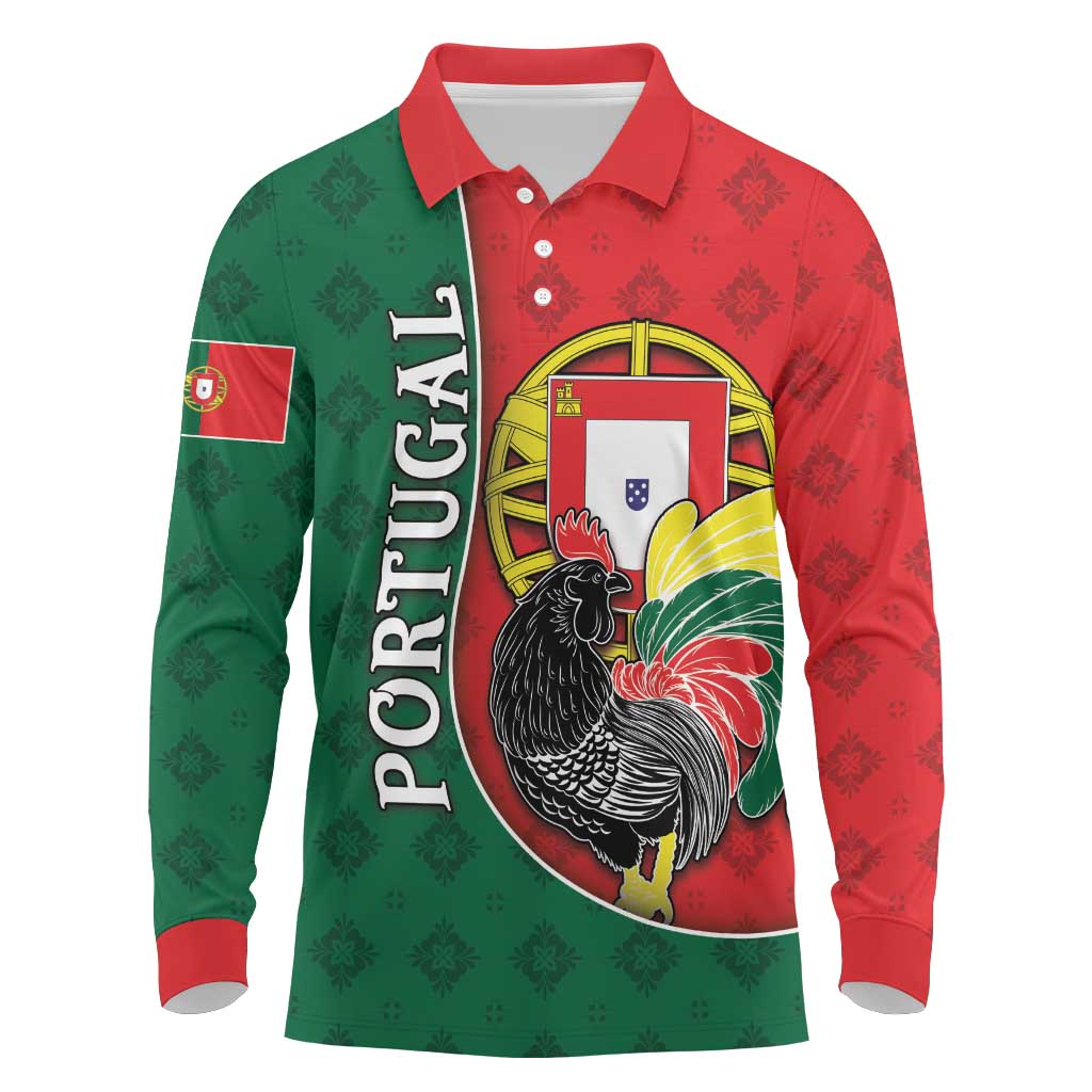 Personalized Portugal Long Sleeve Polo Shirt Rooster With Coat Of Arms - Wonder Print Shop