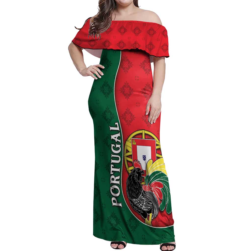 Personalized Portugal Off Shoulder Maxi Dress Rooster With Coat Of Arms - Wonder Print Shop