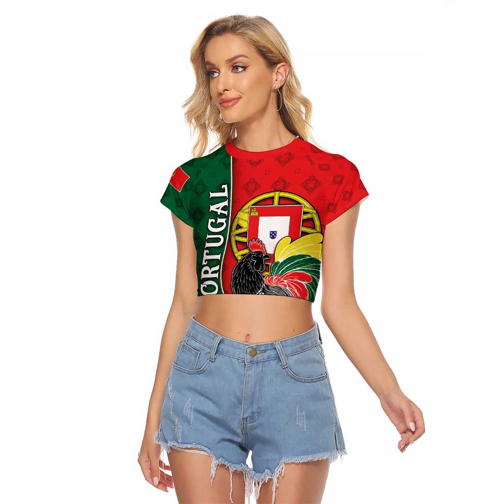 Personalized Portugal Raglan Cropped T Shirt Rooster With Coat Of Arms - Wonder Print Shop