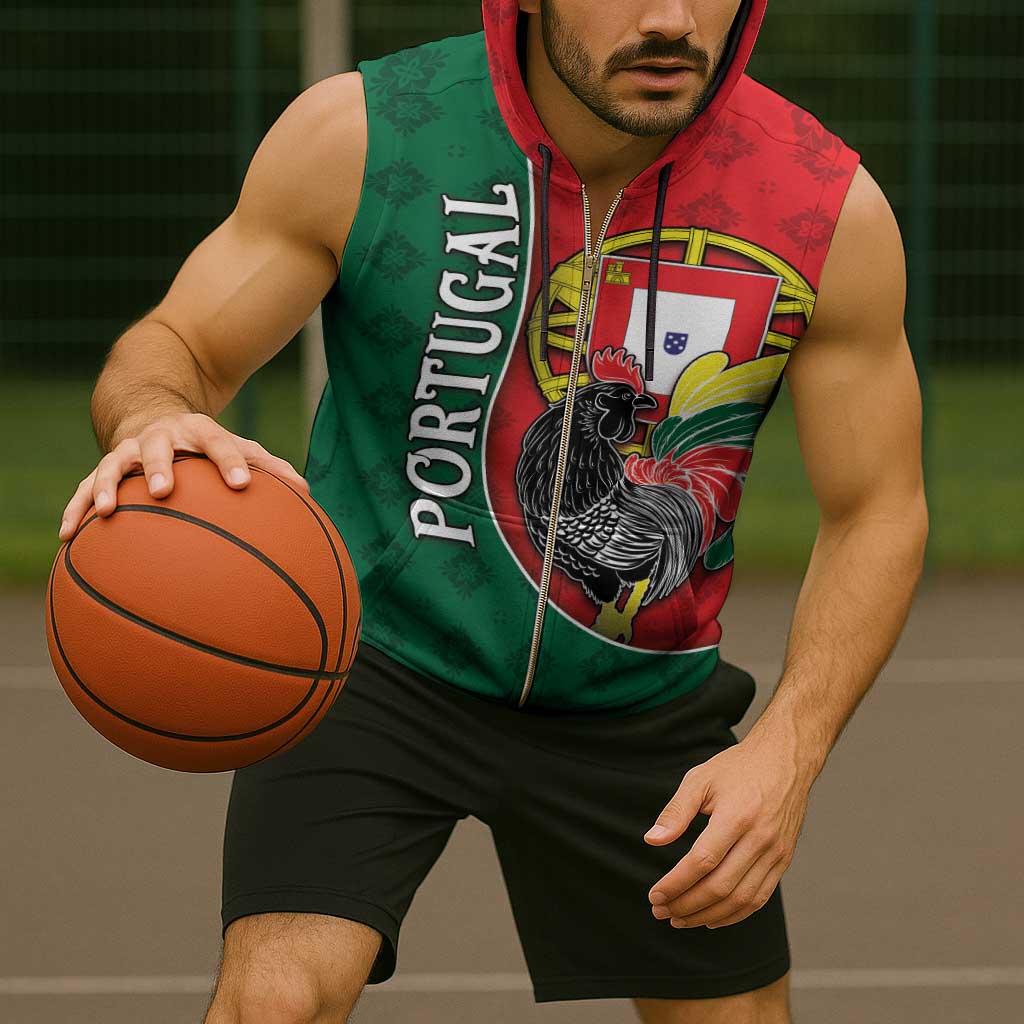 Personalized Portugal Sleeveless Zip Hoodie Rooster With Coat Of Arms - Wonder Print Shop