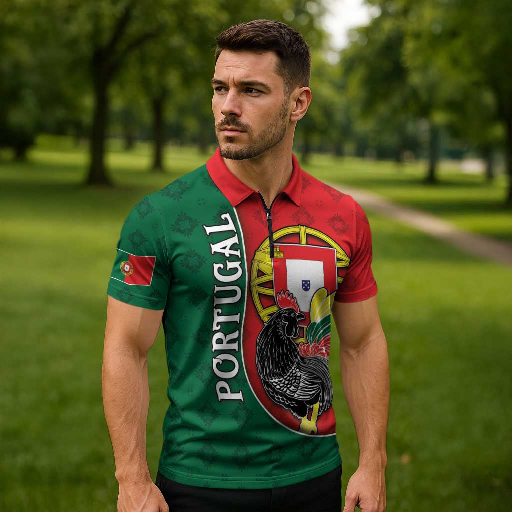 Personalized Portugal Zipper Polo Shirt Rooster With Coat Of Arms - Wonder Print Shop