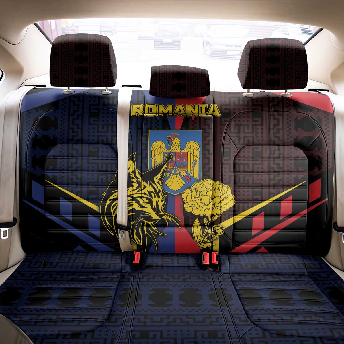 Romania Back Car Seat Cover The Eurasian Lynx With The Peony - Wonder Print Shop