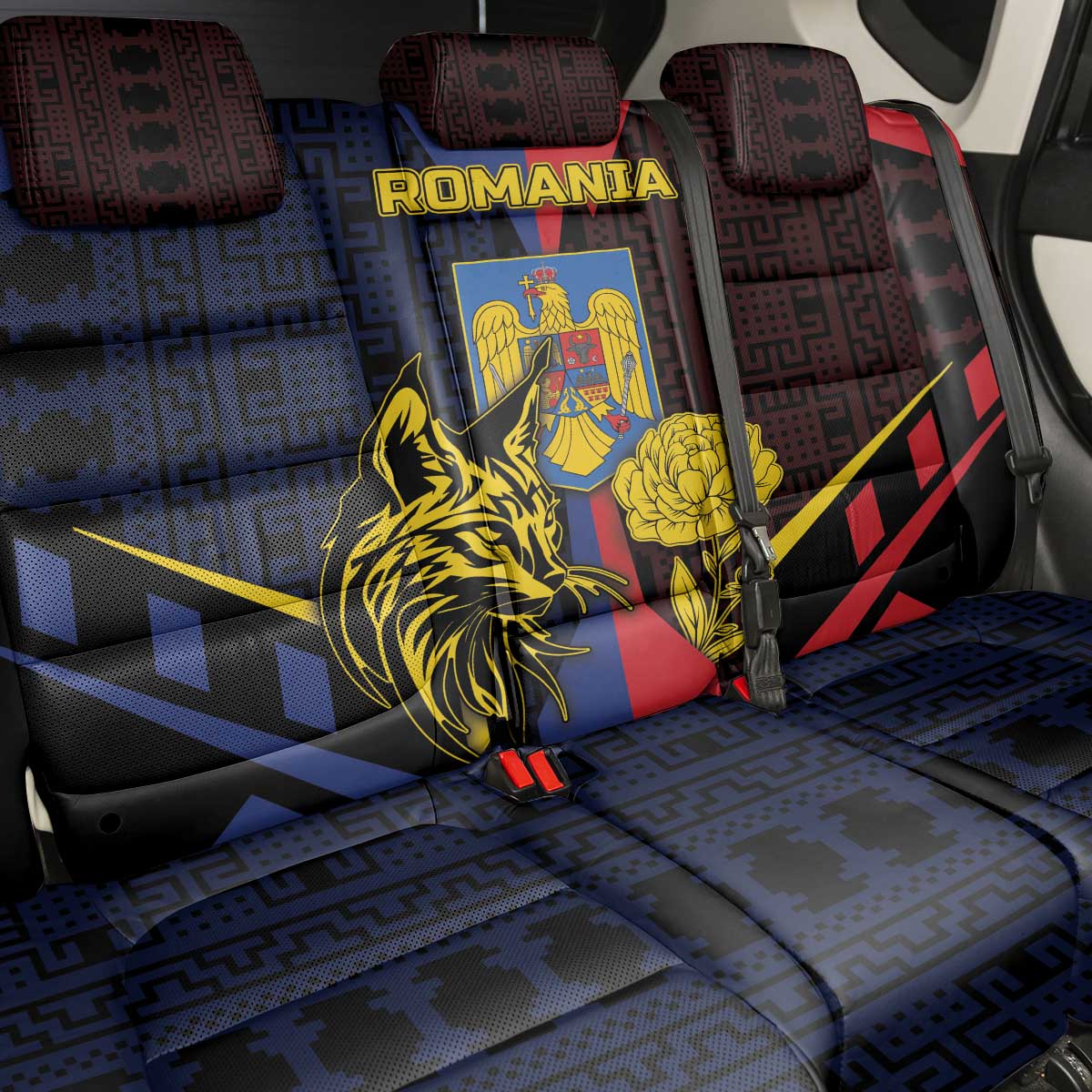 Romania Back Car Seat Cover The Eurasian Lynx With The Peony - Wonder Print Shop