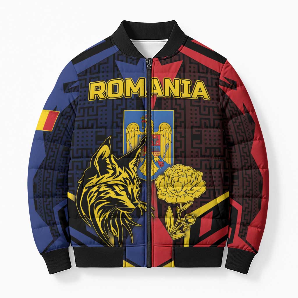 Personalized Romania Bomber Puffer Jacket The Eurasian Lynx With The Peony - Wonder Print Shop