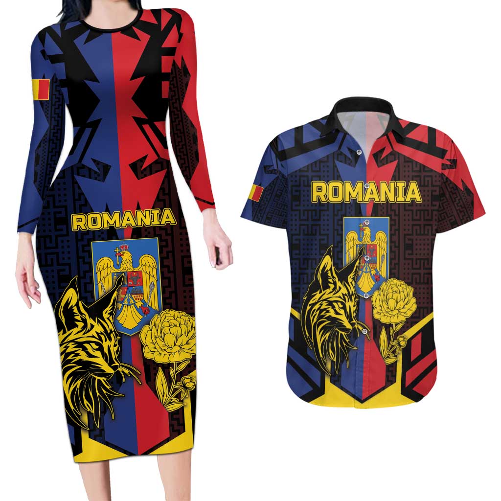 Personalized Romania Couples Matching Long Sleeve Bodycon Dress and Hawaiian Shirt The Eurasian Lynx With The Peony - Wonder Print Shop