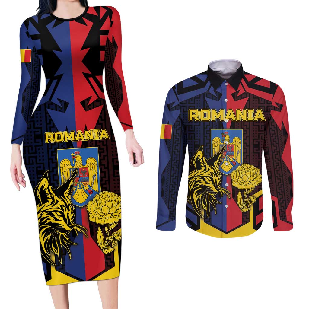 Personalized Romania Couples Matching Long Sleeve Bodycon Dress and Long Sleeve Button Shirt The Eurasian Lynx With The Peony - Wonder Print Shop