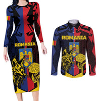 Personalized Romania Couples Matching Long Sleeve Bodycon Dress and Long Sleeve Button Shirt The Eurasian Lynx With The Peony - Wonder Print Shop