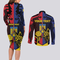 Personalized Romania Couples Matching Long Sleeve Bodycon Dress and Long Sleeve Button Shirt The Eurasian Lynx With The Peony - Wonder Print Shop