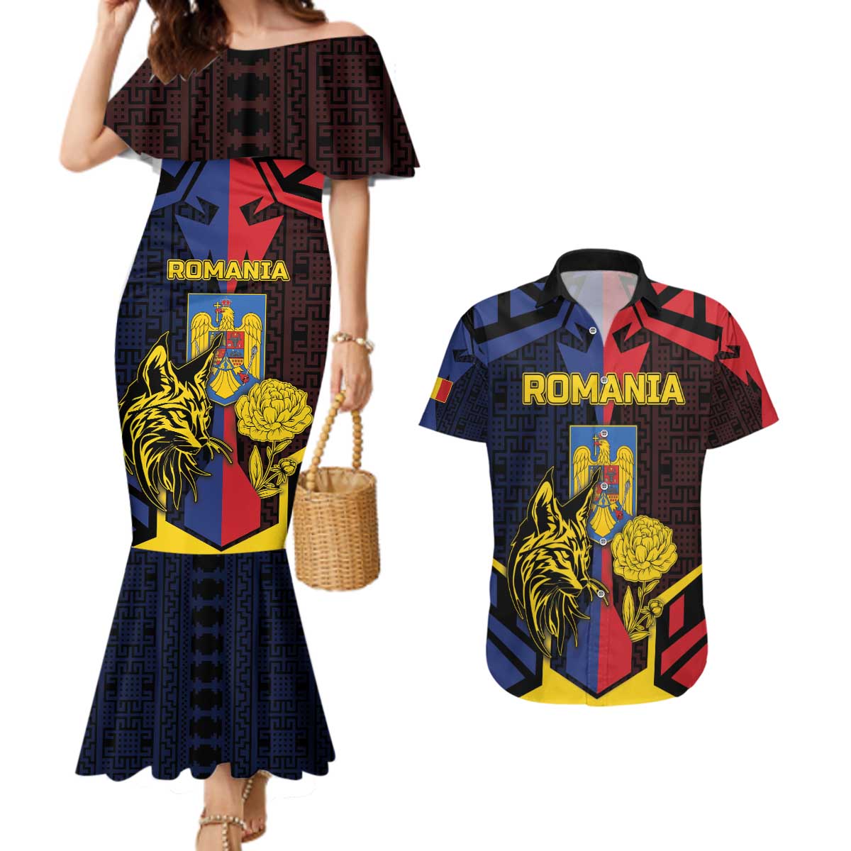 Personalized Romania Couples Matching Mermaid Dress and Hawaiian Shirt The Eurasian Lynx With The Peony - Wonder Print Shop