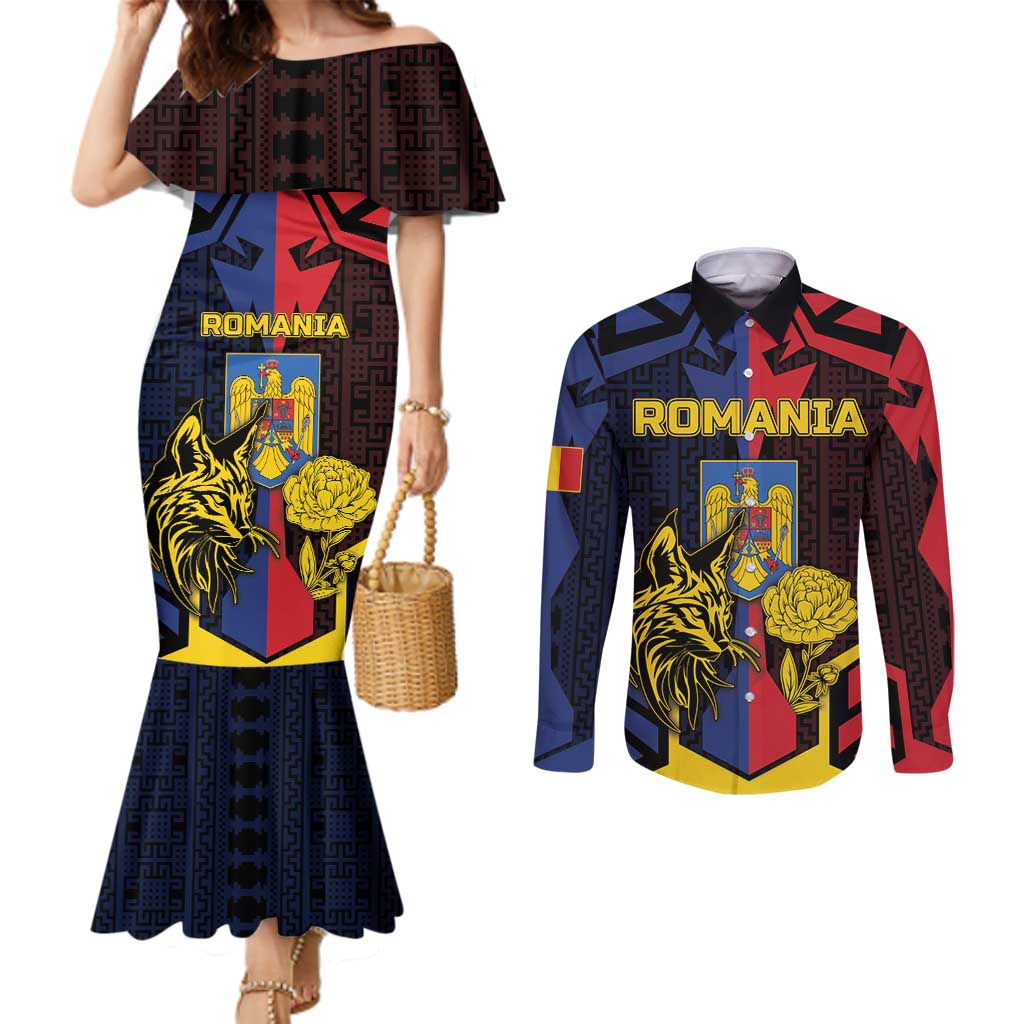 Personalized Romania Couples Matching Mermaid Dress and Long Sleeve Button Shirt The Eurasian Lynx With The Peony - Wonder Print Shop