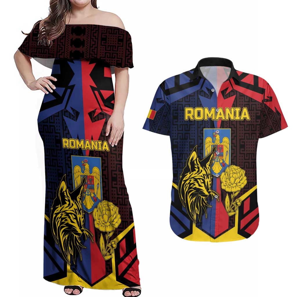 Personalized Romania Couples Matching Off Shoulder Maxi Dress and Hawaiian Shirt The Eurasian Lynx With The Peony - Wonder Print Shop