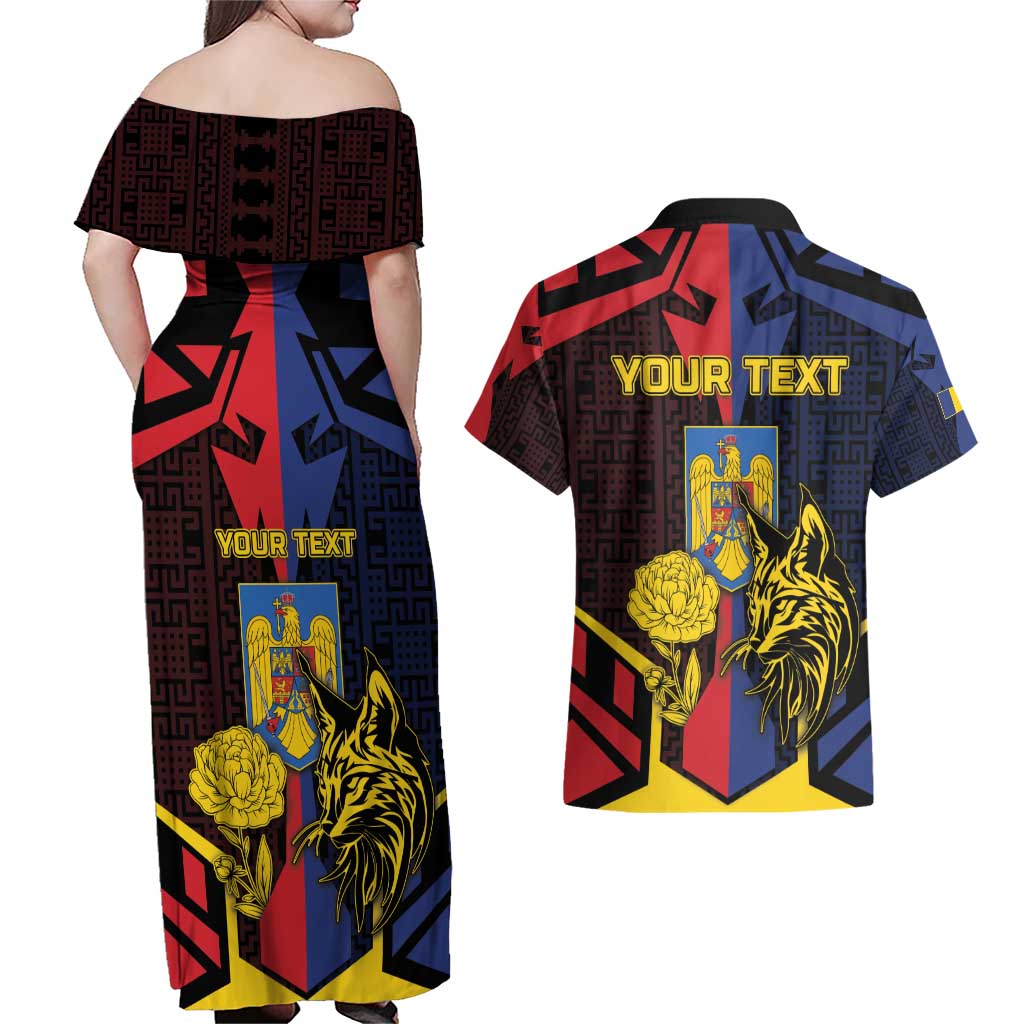 Personalized Romania Couples Matching Off Shoulder Maxi Dress and Hawaiian Shirt The Eurasian Lynx With The Peony - Wonder Print Shop