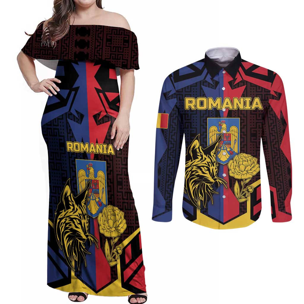 Personalized Romania Couples Matching Off Shoulder Maxi Dress and Long Sleeve Button Shirt The Eurasian Lynx With The Peony - Wonder Print Shop