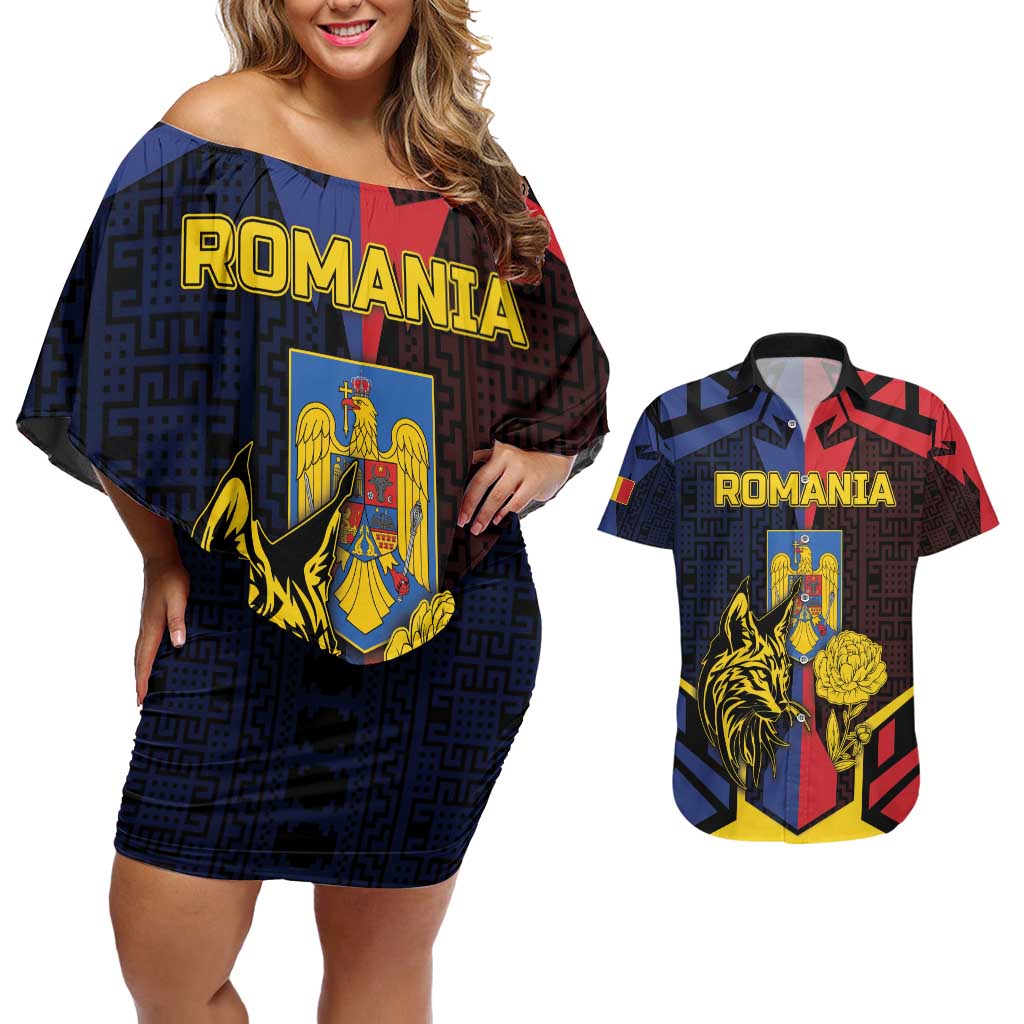 Personalized Romania Couples Matching Off Shoulder Short Dress and Hawaiian Shirt The Eurasian Lynx With The Peony - Wonder Print Shop