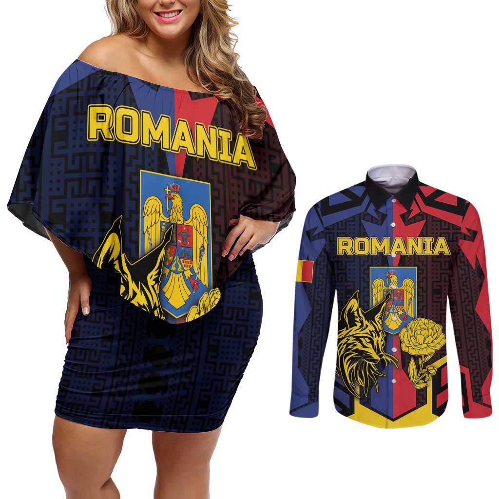 Personalized Romania Couples Matching Off Shoulder Short Dress and Long Sleeve Button Shirt The Eurasian Lynx With The Peony - Wonder Print Shop