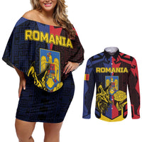 Personalized Romania Couples Matching Off Shoulder Short Dress and Long Sleeve Button Shirt The Eurasian Lynx With The Peony - Wonder Print Shop