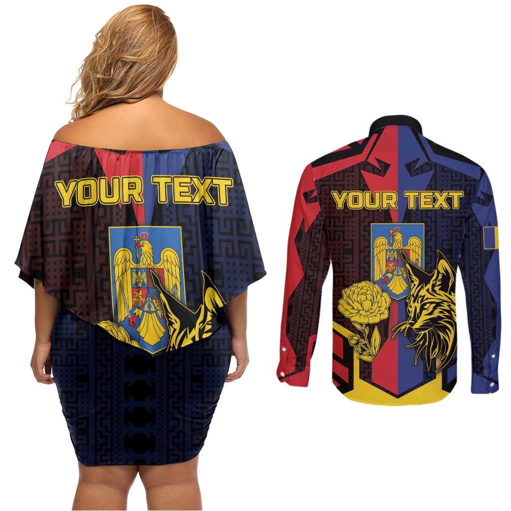 Personalized Romania Couples Matching Off Shoulder Short Dress and Long Sleeve Button Shirt The Eurasian Lynx With The Peony - Wonder Print Shop