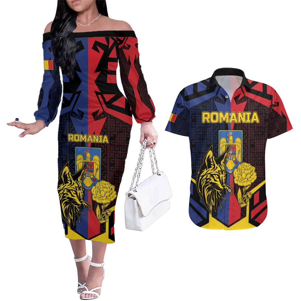 Personalized Romania Couples Matching Off The Shoulder Long Sleeve Dress and Hawaiian Shirt The Eurasian Lynx With The Peony - Wonder Print Shop