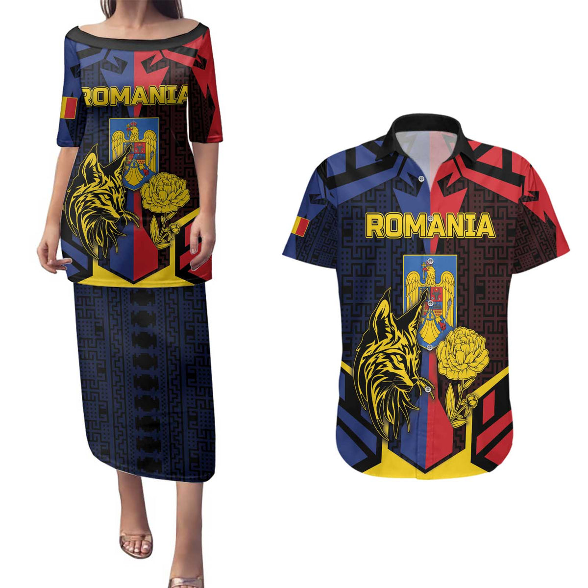 Personalized Romania Couples Matching Puletasi and Hawaiian Shirt The Eurasian Lynx With The Peony - Wonder Print Shop