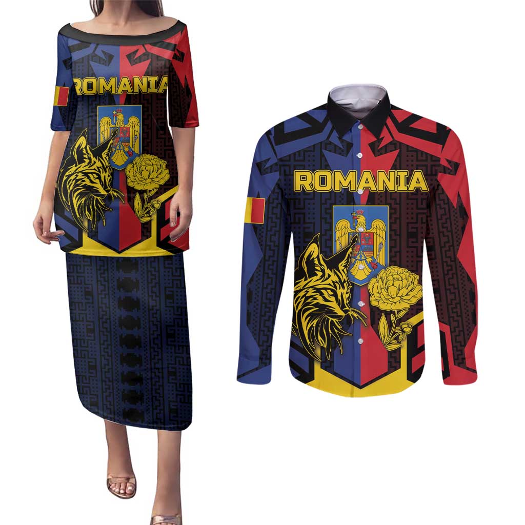 Personalized Romania Couples Matching Puletasi and Long Sleeve Button Shirt The Eurasian Lynx With The Peony - Wonder Print Shop