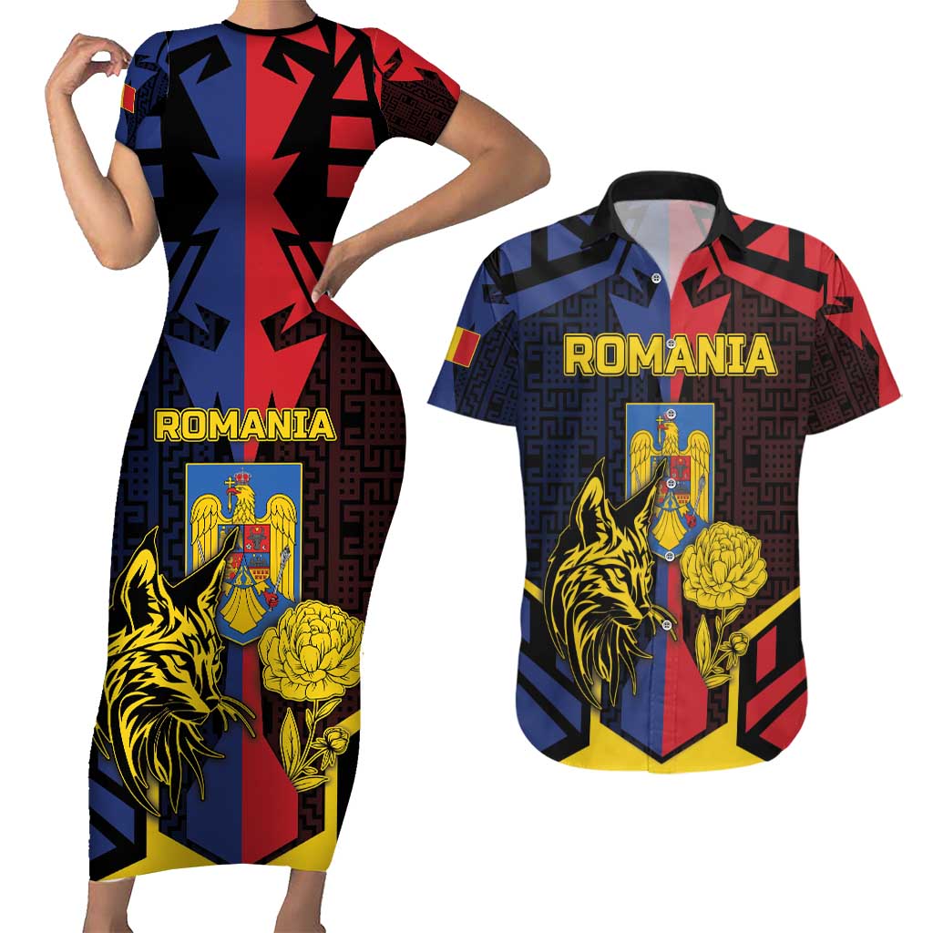 Personalized Romania Couples Matching Short Sleeve Bodycon Dress and Hawaiian Shirt The Eurasian Lynx With The Peony - Wonder Print Shop