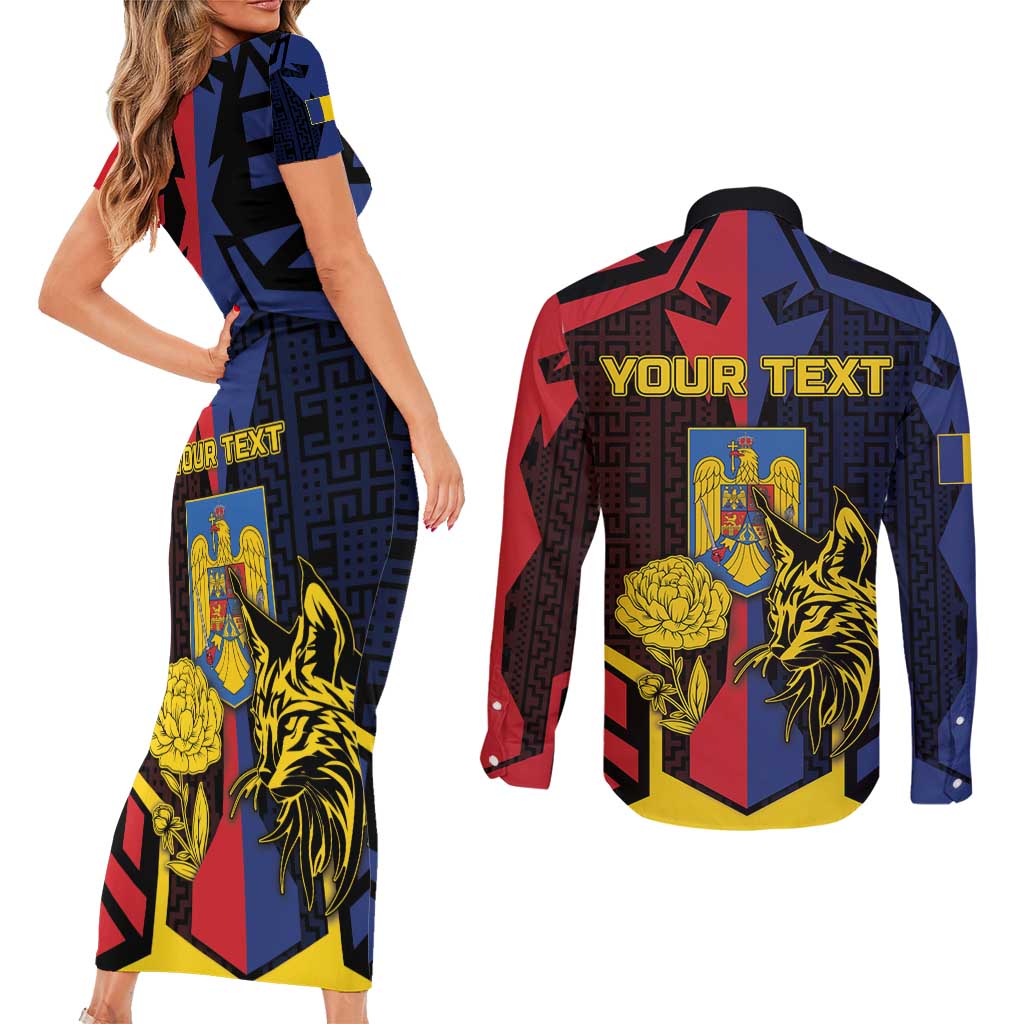 Personalized Romania Couples Matching Short Sleeve Bodycon Dress and Long Sleeve Button Shirt The Eurasian Lynx With The Peony - Wonder Print Shop