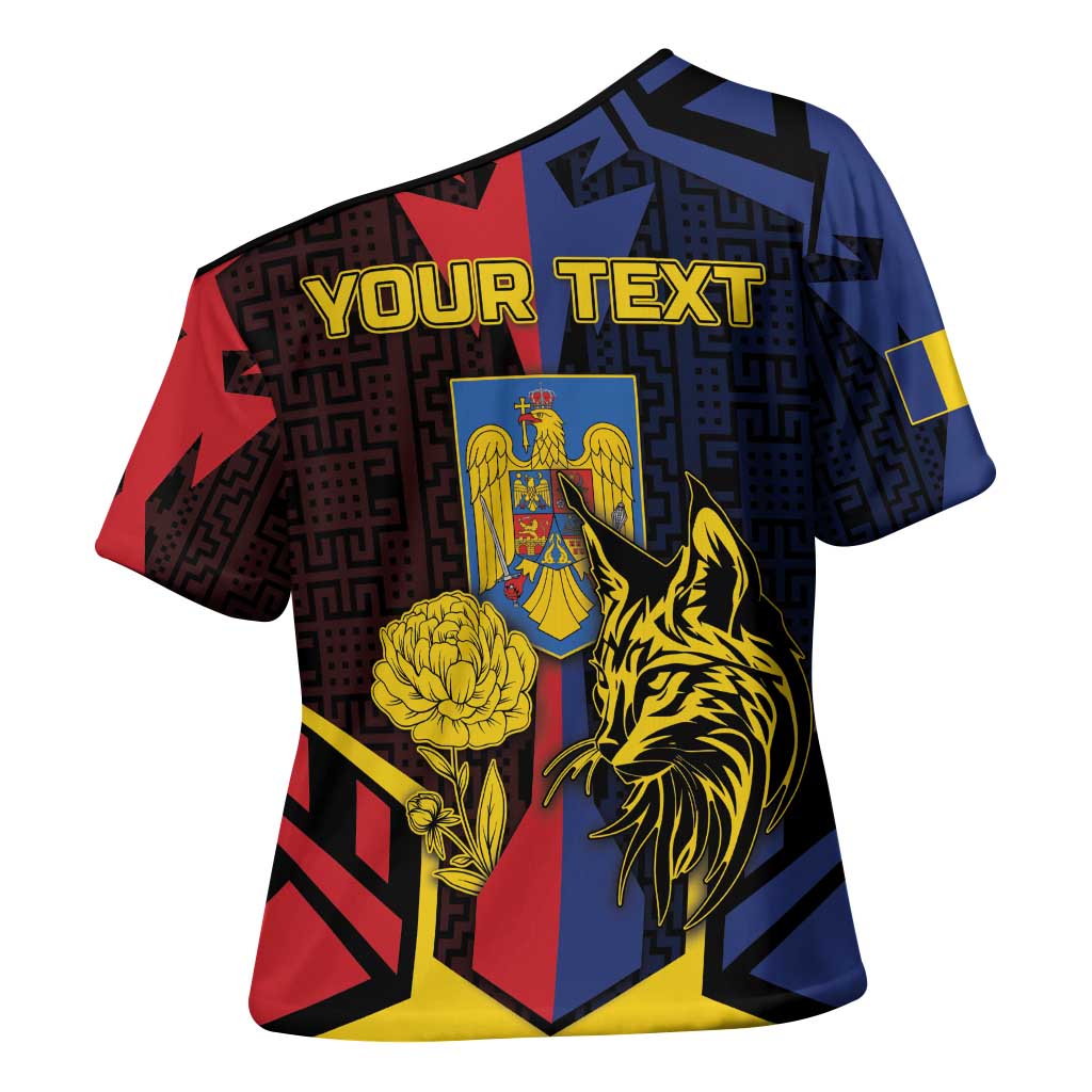 Personalized Romania Cross Shoulder Shirt The Eurasian Lynx With The Peony - Wonder Print Shop