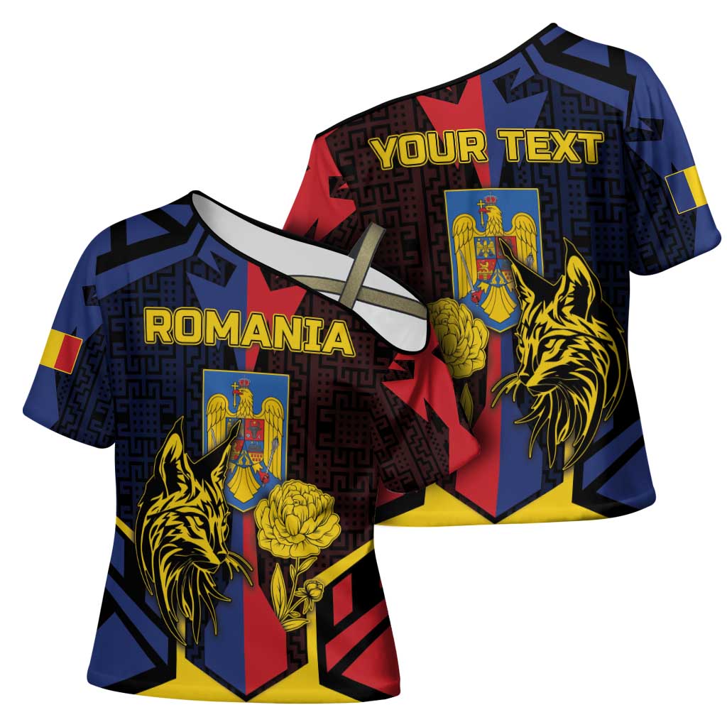 Personalized Romania Cross Shoulder Shirt The Eurasian Lynx With The Peony - Wonder Print Shop