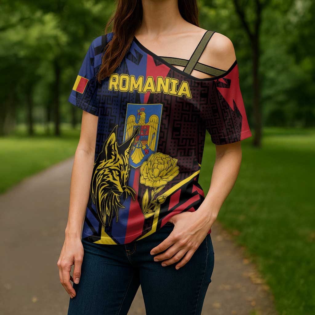 Personalized Romania Cross Shoulder Shirt The Eurasian Lynx With The Peony - Wonder Print Shop