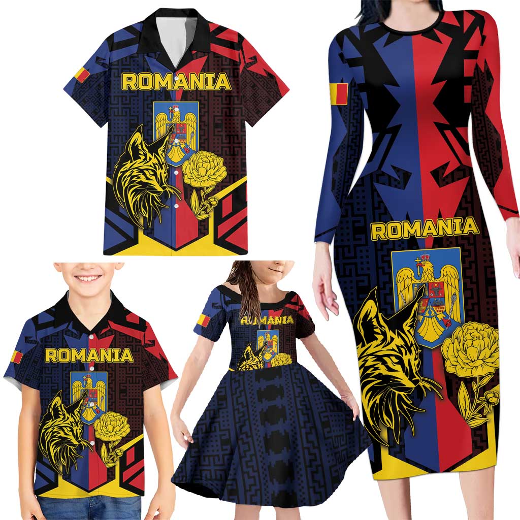 Personalized Romania Family Matching Long Sleeve Bodycon Dress and Hawaiian Shirt The Eurasian Lynx With The Peony - Wonder Print Shop