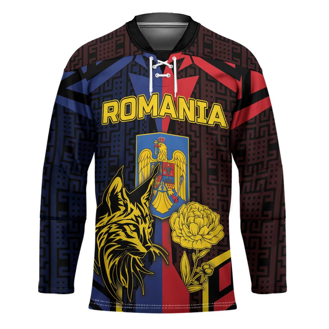 Personalized Romania Hockey Jersey The Eurasian Lynx With The Peony - Wonder Print Shop