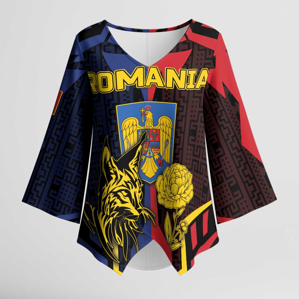 Personalized Romania Kimono Sleeve Blouse The Eurasian Lynx With The Peony - Wonder Print Shop