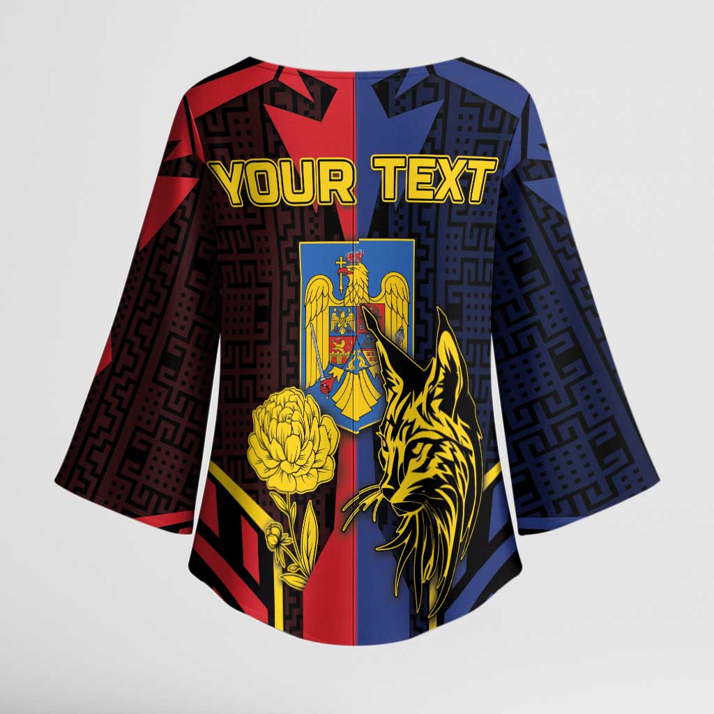 Personalized Romania Kimono Sleeve Blouse The Eurasian Lynx With The Peony - Wonder Print Shop