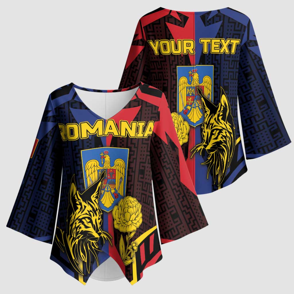 Personalized Romania Kimono Sleeve Blouse The Eurasian Lynx With The Peony - Wonder Print Shop